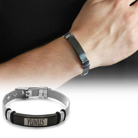 Siyah Zeminli İsme Özel Yazılı Uzunluk Ayarlı Gümüş Renk Çelik Erkek Hasır Bileklik - Tesbihane