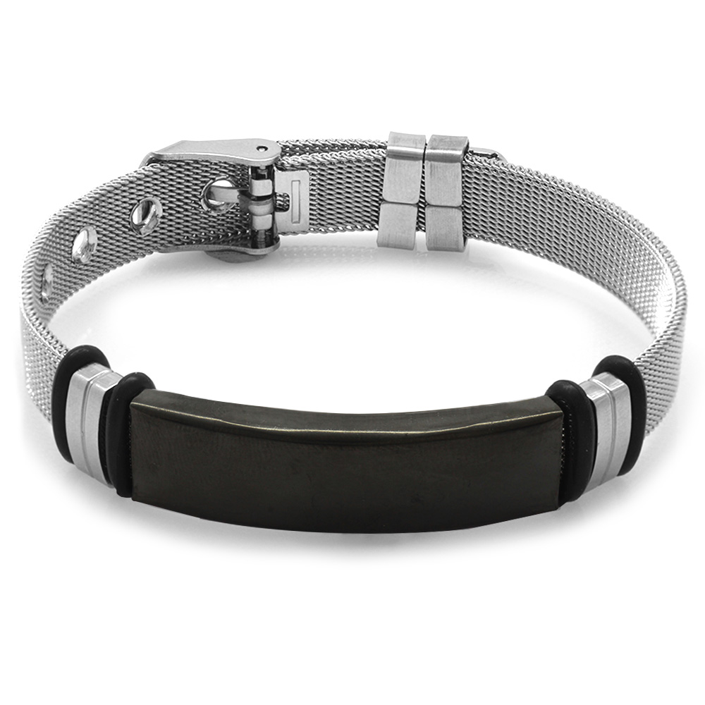 Siyah Zeminli İsme Özel Yazılı Uzunluk Ayarlı Gümüş Renk Çelik Erkek Hasır Bileklik - 4