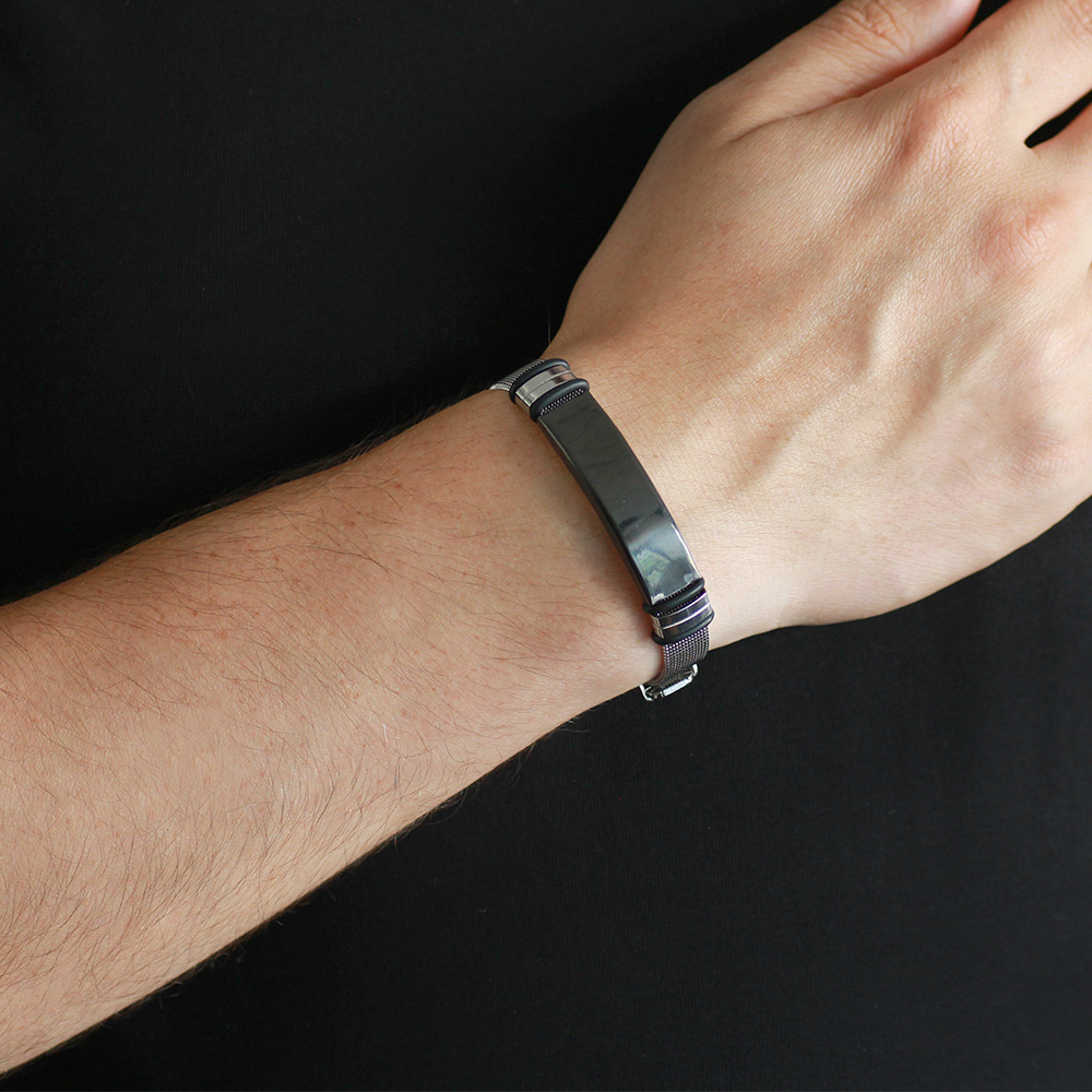 Siyah Zeminli İsme Özel Yazılı Uzunluk Ayarlı Gümüş Renk Çelik Erkek Hasır Bileklik - 2