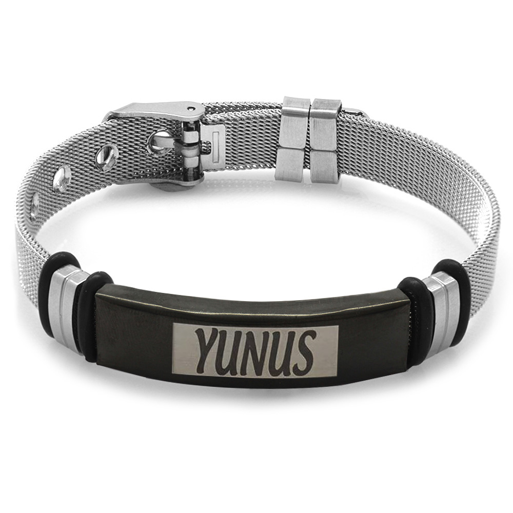Siyah Zeminli İsme Özel Yazılı Uzunluk Ayarlı Gümüş Renk Çelik Erkek Hasır Bileklik - 3