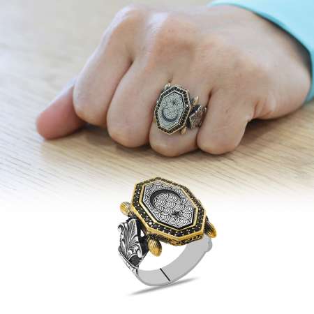 Siyah Zirkon Taş Mıhlamalı Ayyıldız Motifli Sekizgen Tasarım 925 Ayar Gümüş Erkek Yüzük - Tesbihane