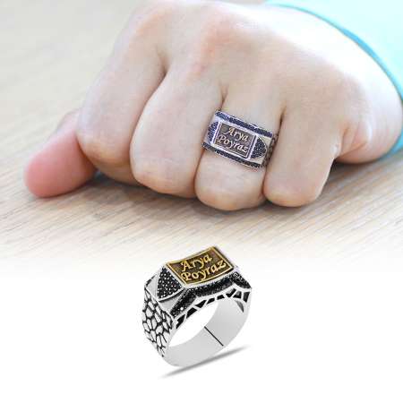 Siyah Zirkon Taş Mıhlamalı İsme Özel Yazılı 925 Ayar Gümüş Erkek Yüzük - Tesbihane