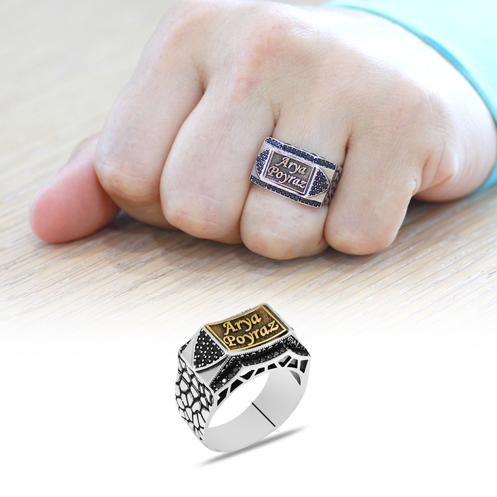 Siyah Zirkon Taş Mıhlamalı İsme Özel Yazılı 925 Ayar Gümüş Erkek Yüzük - 1