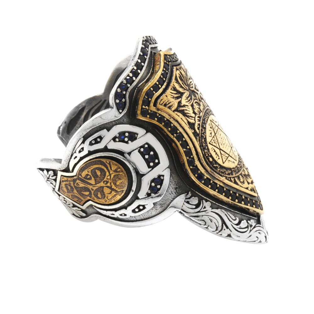 Zirkon Taş Mıhlamalı Mührü Süleyman İşlemeli Ayarlanabilir Ölçü 925 Ayar Gümüş Okçu Zihgir Yüzük - 3