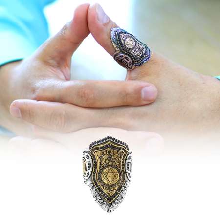 Zirkon Taş Mıhlamalı Mührü Süleyman İşlemeli Ayarlanabilir Ölçü 925 Ayar Gümüş Okçu Zihgir Yüzük - Tesbihane