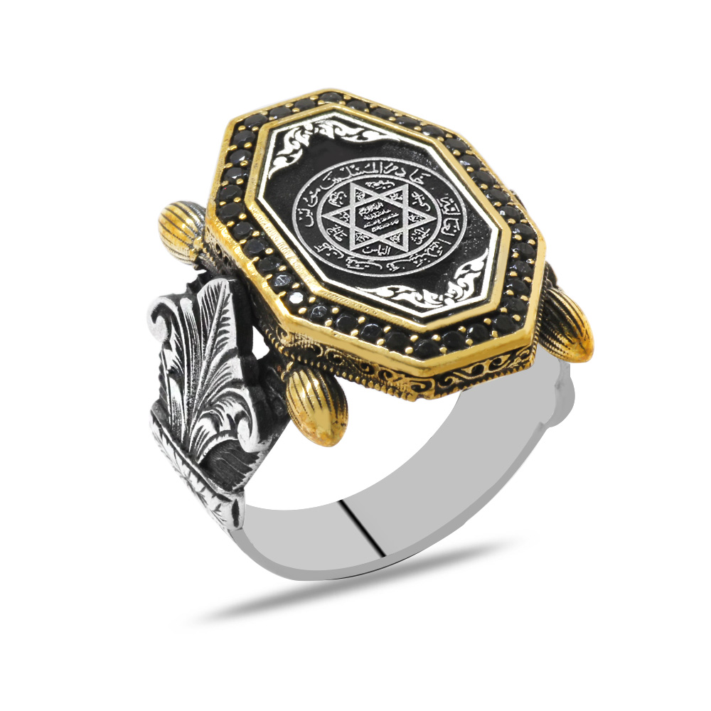 Siyah Zirkon Taş Mıhlamalı Mührü Süleyman İşlemeli Sekizgen Tasarım 925 Ayar Gümüş Erkek Yüzük - 2