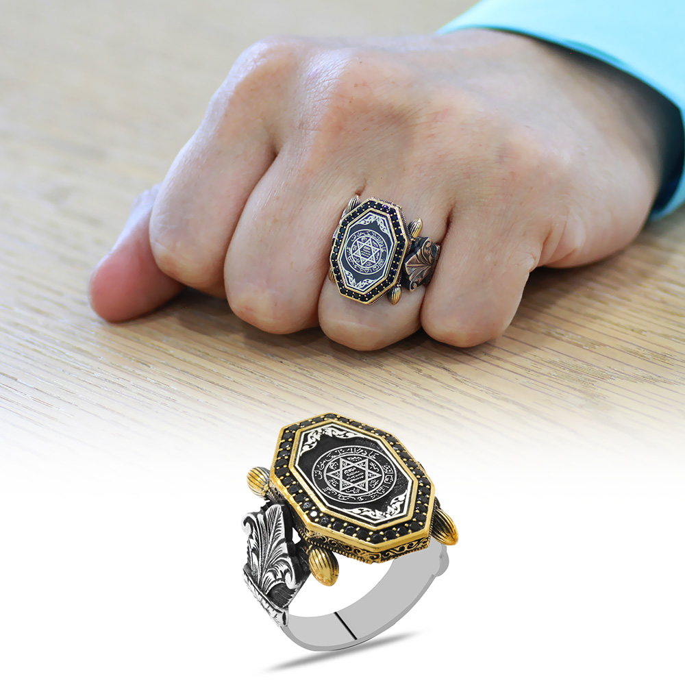 Siyah Zirkon Taş Mıhlamalı Mührü Süleyman İşlemeli Sekizgen Tasarım 925 Ayar Gümüş Erkek Yüzük - 1