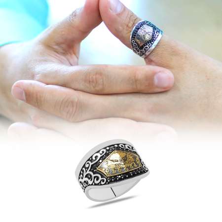 Siyah Zirkon Taş Mıhlamalı Osmanlı Devlet Arması Motifli 925 Ayar Gümüş Okçu Zihgir Yüzük - Tesbihane