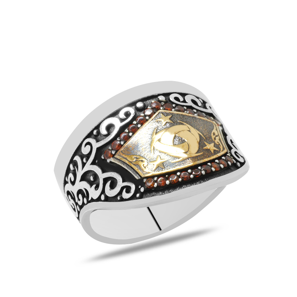 Siyah Zirkon Taş Mıhlamalı Teşkilatı Mahsusa Motifli 925 Ayar Gümüş Okçu Zihgir Yüzük - 3