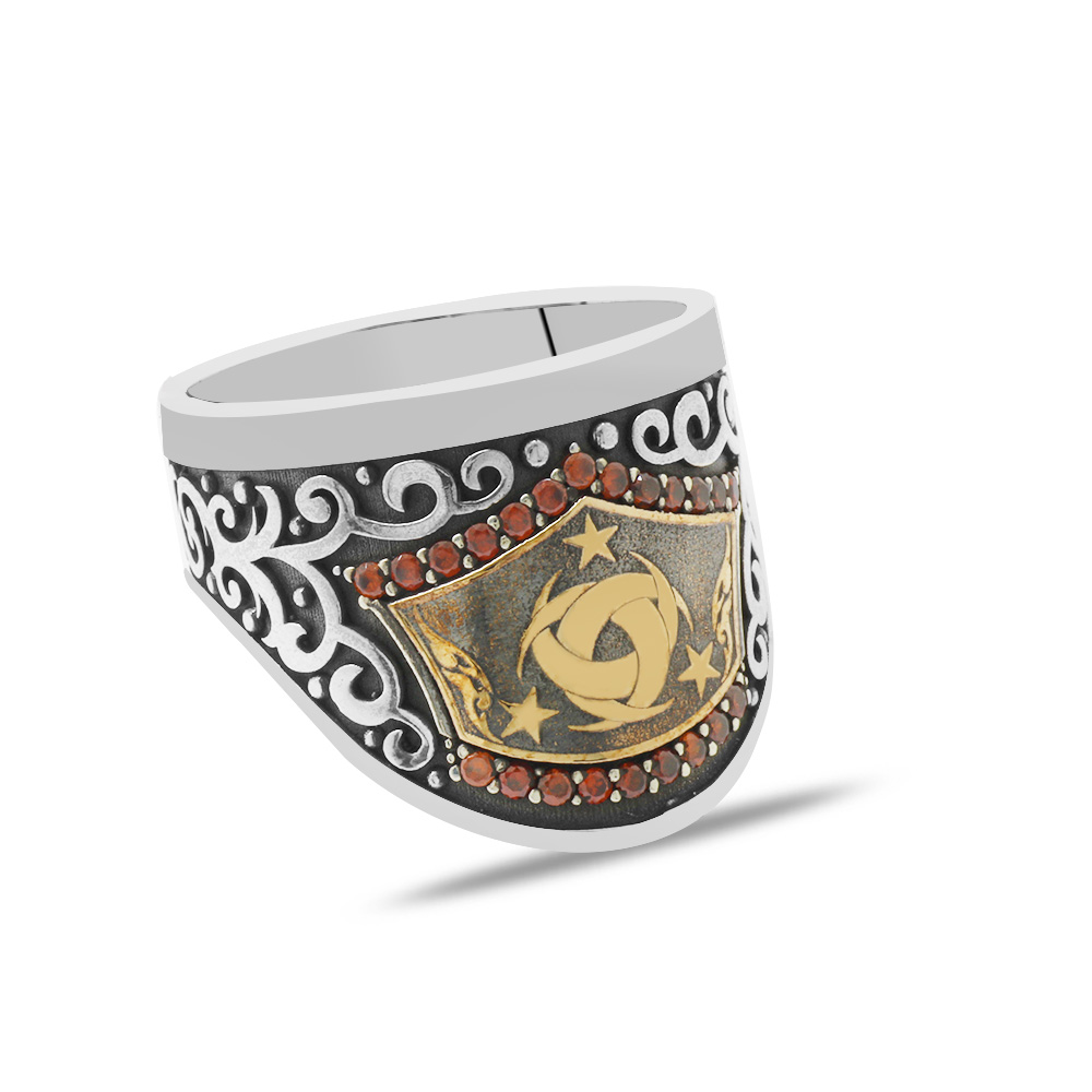 Siyah Zirkon Taş Mıhlamalı Teşkilatı Mahsusa Motifli 925 Ayar Gümüş Okçu Zihgir Yüzük - 2