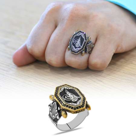 Siyah Zirkon Taş Mıhlamalı Tuğra Motifli Sekizgen Tasarım 925 Ayar Gümüş Erkek Yüzük - Tesbihane