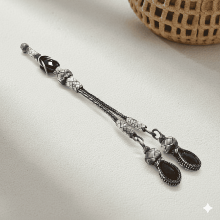 Siyah Zirkon Taşlı 2 li 1000 Ayar Gümüş Kazaz Püskül - Tesbihane