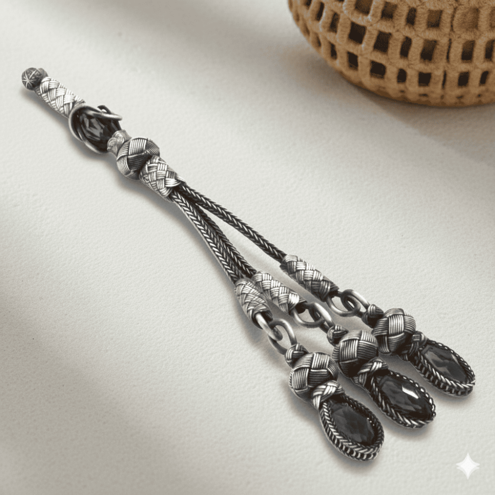 Siyah Zirkon Taşlı 3 lü 1000 Ayar Gümüş Kazaz Püskül - 1