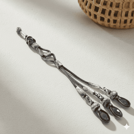 Siyah Zirkon Taşlı 3 lü Uzun Model 1000 Ayar Gümüş Kazaz Püskül - Tesbihane