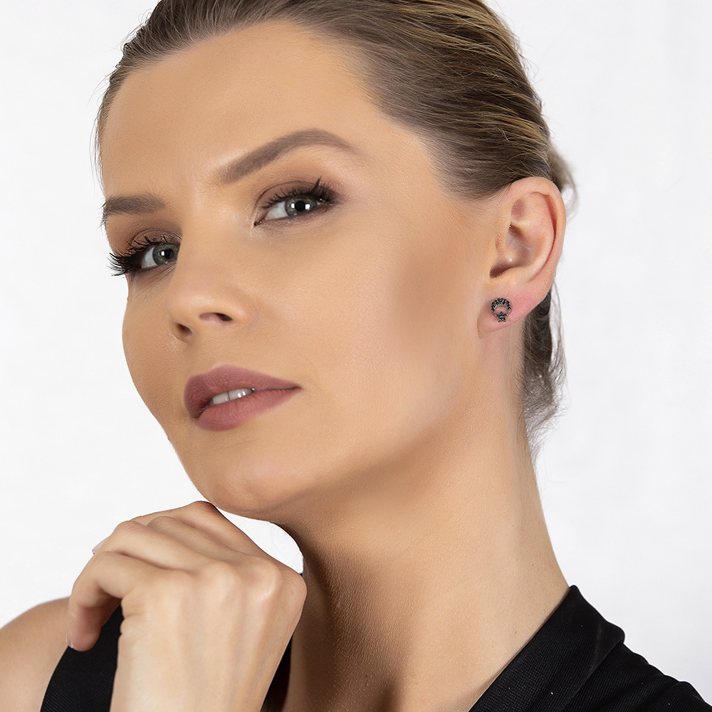 Siyah Zirkon Taşlı Ayyıldız Tasarım 925 Ayar Gümüş Kadın Küpe - 4