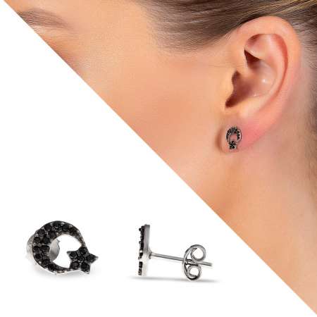 Siyah Zirkon Taşlı Ayyıldız Tasarım 925 Ayar Gümüş Kadın Küpe - Tesbihane