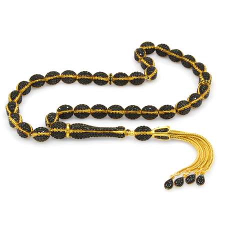 Siyah Zirkon Taşlı Altın Renk Arpa Kesim 925 Ayar Gümüş Tesbih - Tesbihane