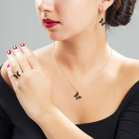 Siyah Zirkon Taşlı Kelebek Tasarım 925 Ayar Gümüş 3'lü Takı Seti - STOKYOK