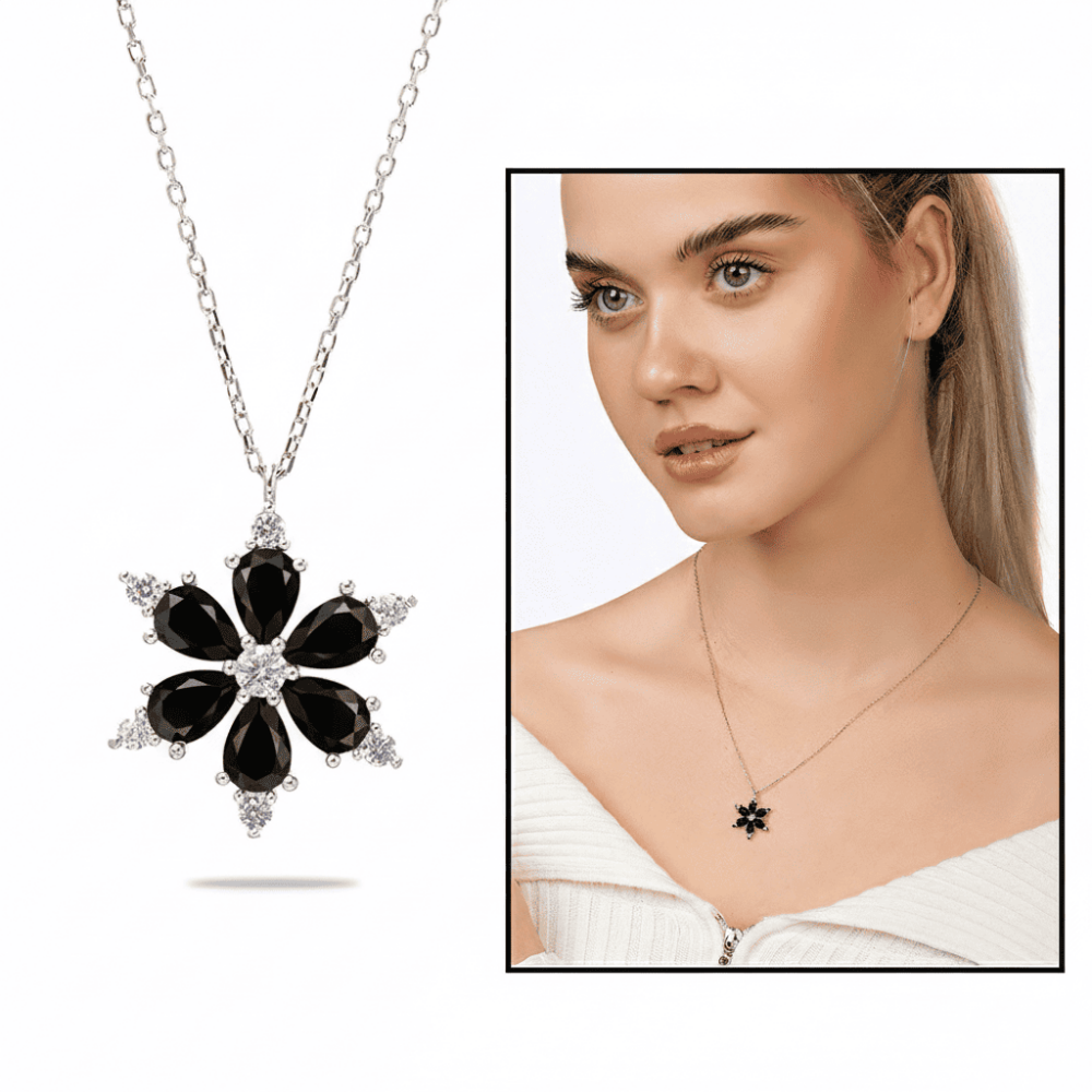 Siyah Zirkon Taşlı Kır Çiçeği Tasarım 925 Ayar Gümüş Kadın Kolye - 1