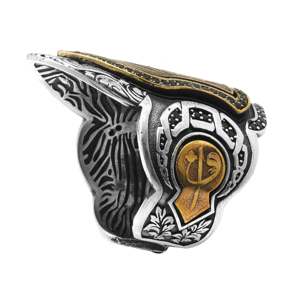 Siyah Zirkon Taşlı Mıhlamalı Arapça Allah Yazılı 925 Ayar Gümüş Erkek Okçu Zihgir Yüzük - 4