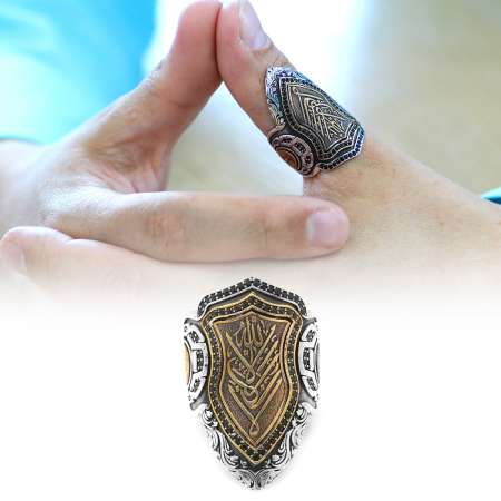 Siyah Zirkon Taşlı Mıhlamalı Arapça Allah Yazılı 925 Ayar Gümüş Erkek Okçu Zihgir Yüzük - Tesbihane