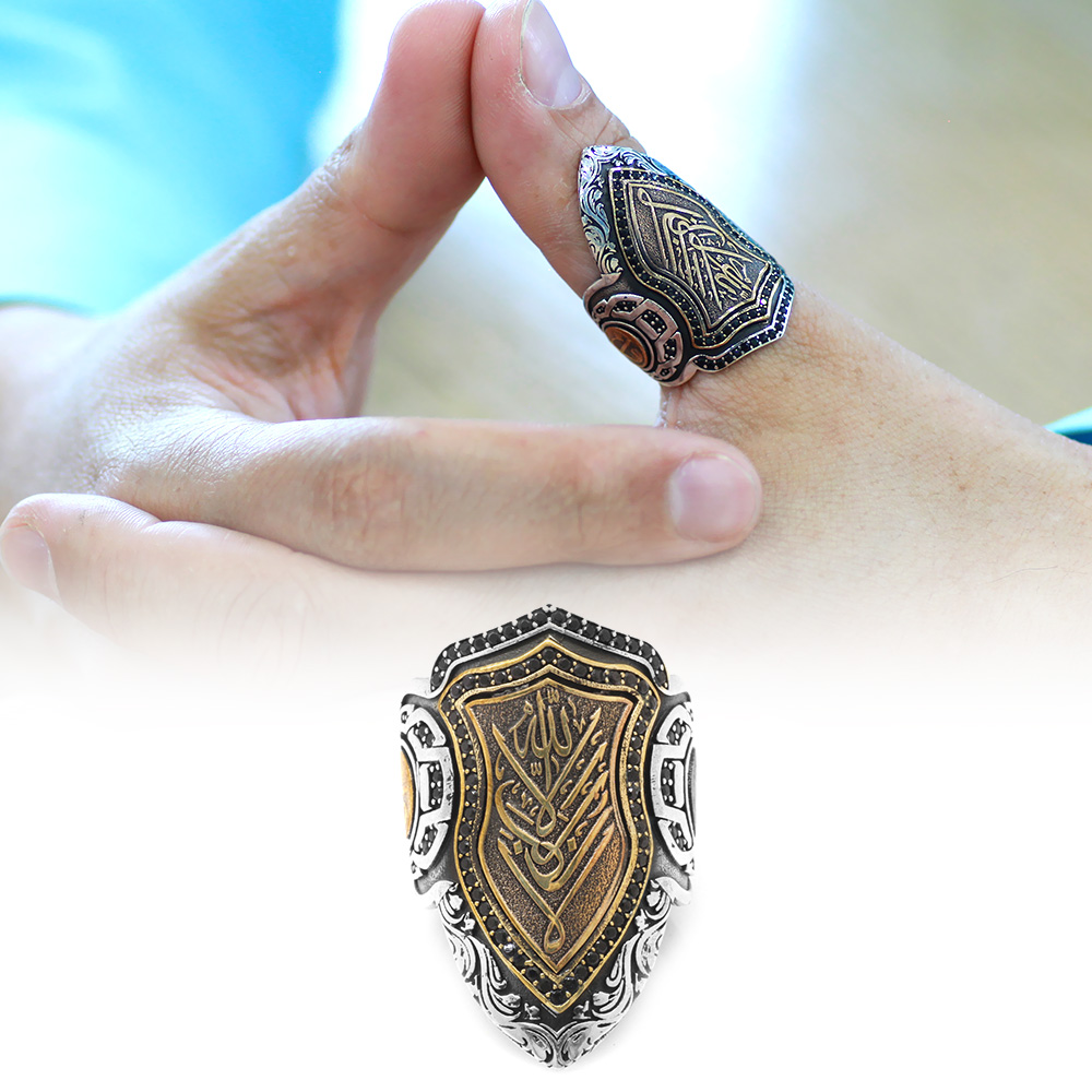 Siyah Zirkon Taşlı Mıhlamalı Arapça Allah Yazılı 925 Ayar Gümüş Erkek Okçu Zihgir Yüzük - 1
