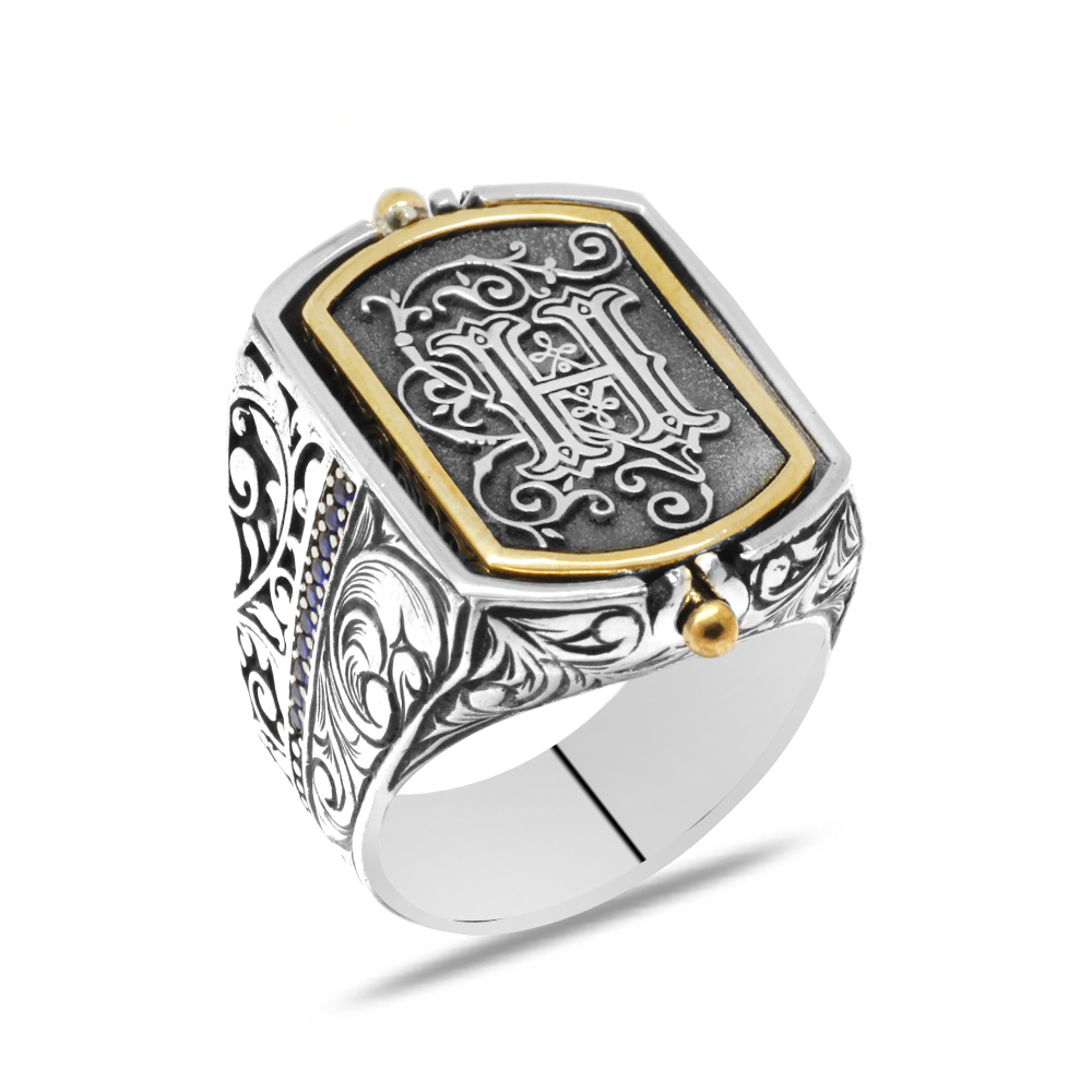 Siyah Zirkon Taşlı Mıhlamalı Çift Taraflı İsme Özel Harf Yazılı 925 Ayar Gümüş Erkek Yüzük - 7