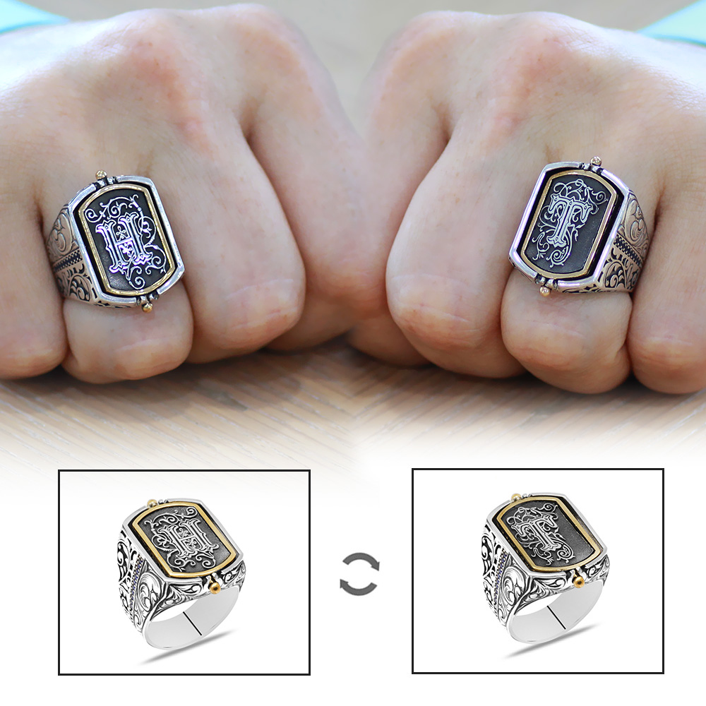 Siyah Zirkon Taşlı Mıhlamalı Çift Taraflı İsme Özel Harf Yazılı 925 Ayar Gümüş Erkek Yüzük - 1