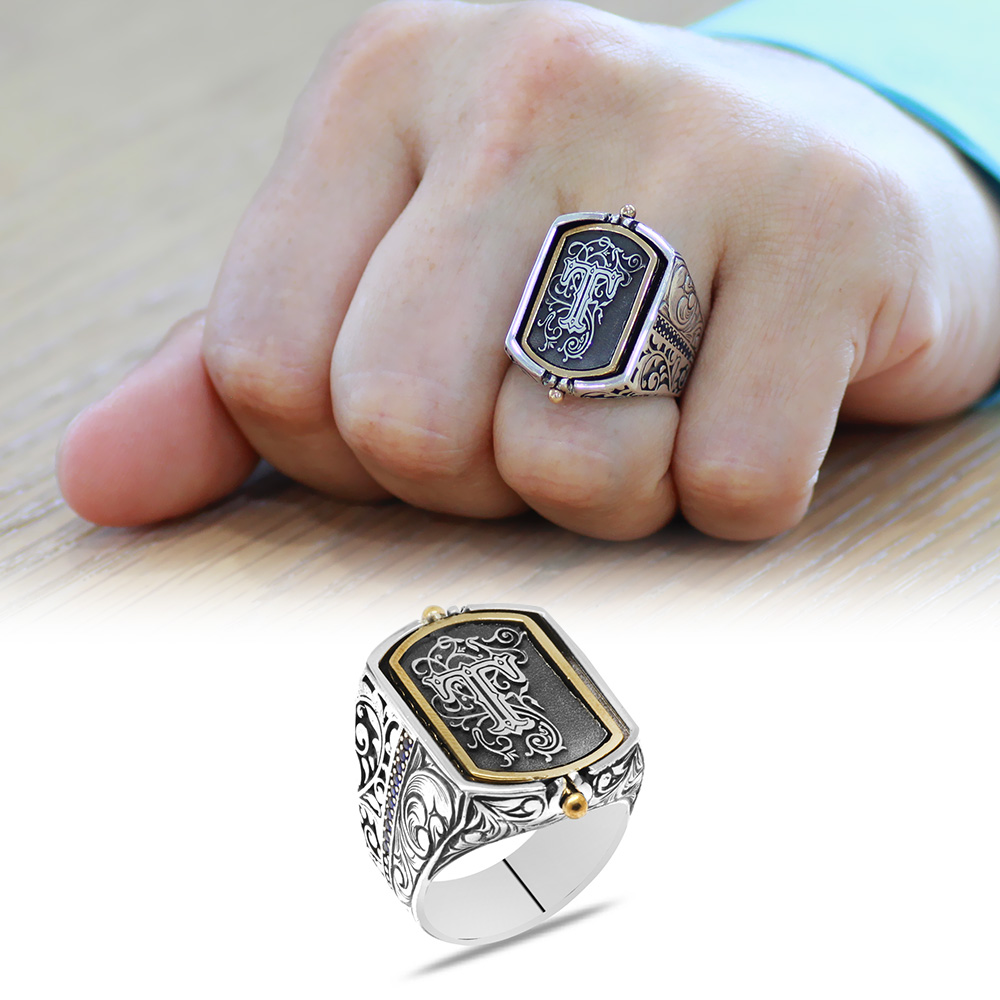 Siyah Zirkon Taşlı Mıhlamalı Çift Taraflı İsme Özel Harf Yazılı 925 Ayar Gümüş Erkek Yüzük - 2