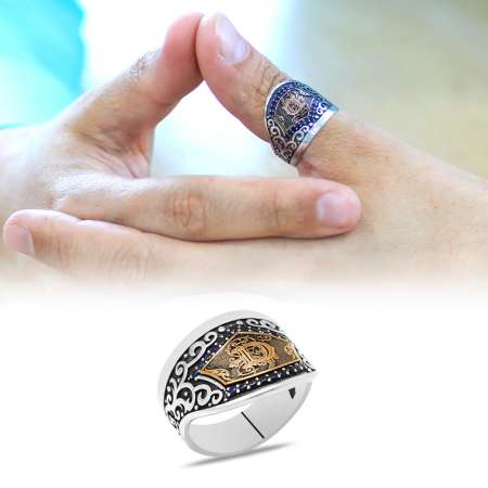 Siyah Zirkon Taşlı Mıhlamalı İsme Özel Harf Yazılı 925 Ayar Gümüş Erkek Okçu Zihgir Yüzük - Tesbihane