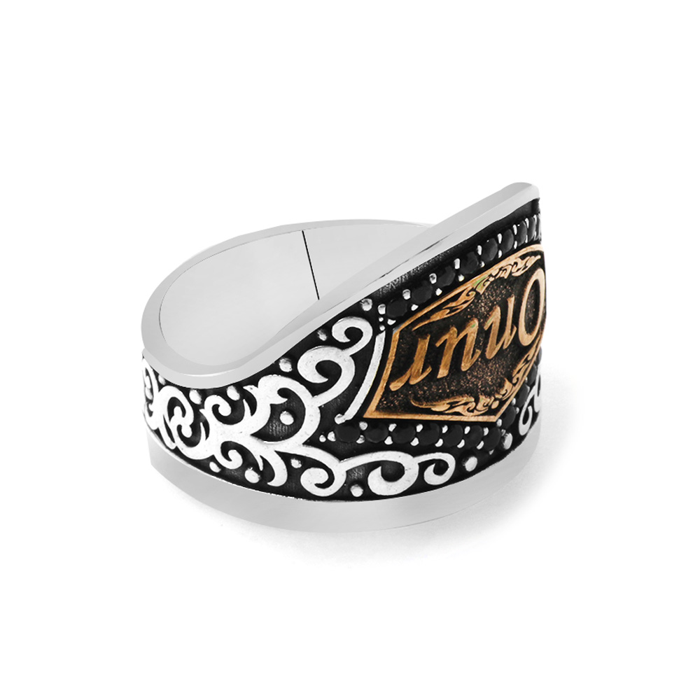 Siyah Zirkon Taşlı Mıhlamalı İsme Özel Yazılı 925 Ayar Gümüş Erkek Okçu Zihgir Yüzük - 4