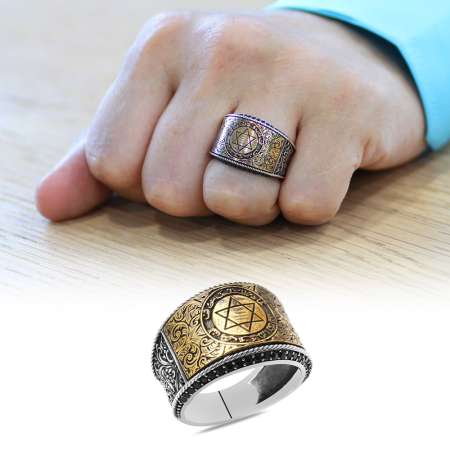 Siyah Zirkon Taşlı Mührü Süleyman İşlemeli 925 Ayar Gümüş Erkek Yüzük - Tesbihane