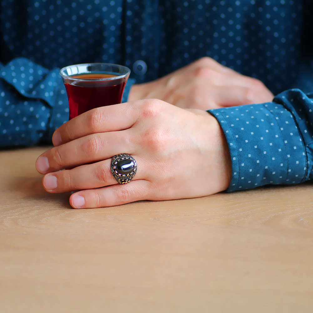 Siyah Zirkon Taşlı Oval Tasarım 925 Ayar Gümüş Erkek Yüzük - 2