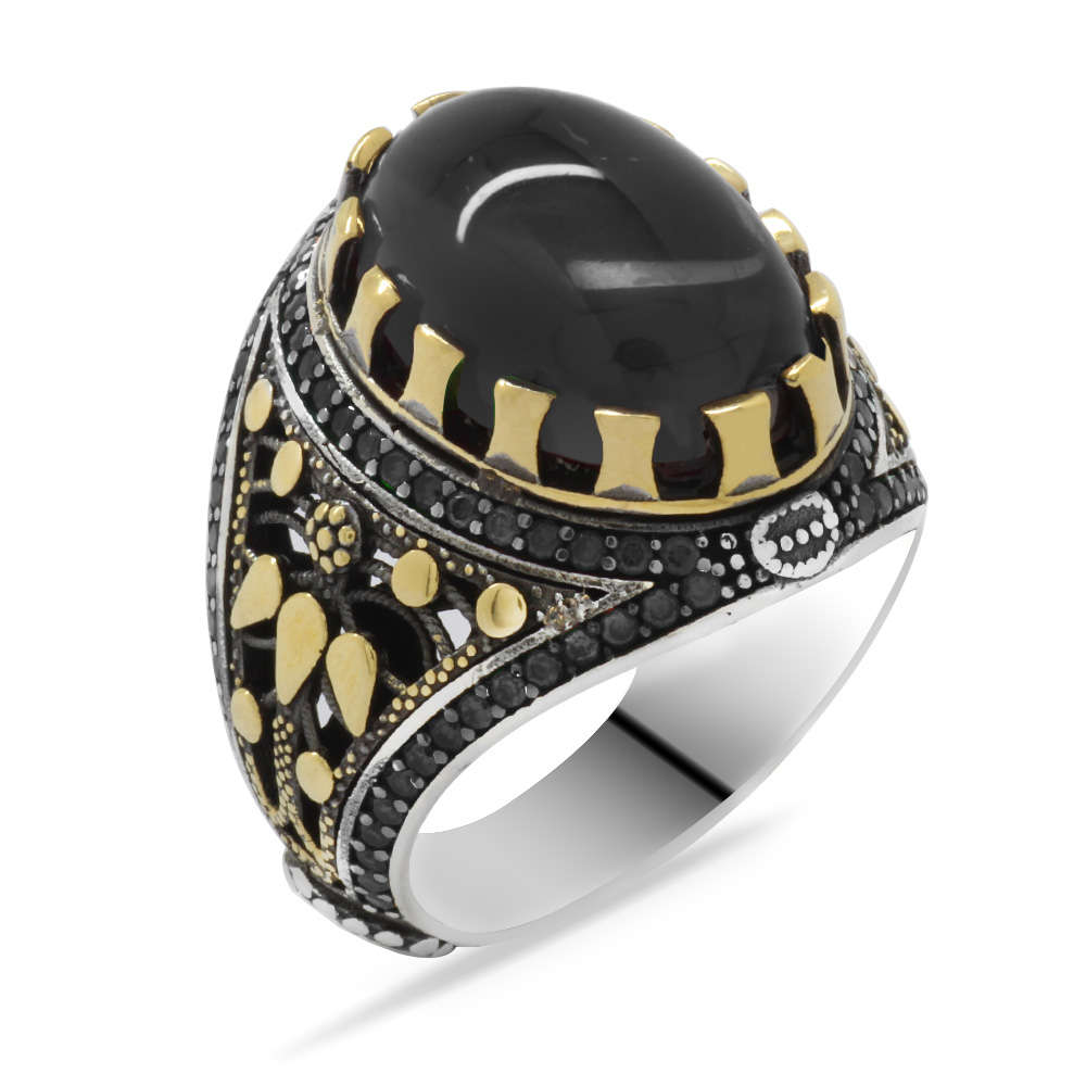 Siyah Zirkon Taşlı Oval Tasarım 925 Ayar Gümüş Erkek Yüzük - 3