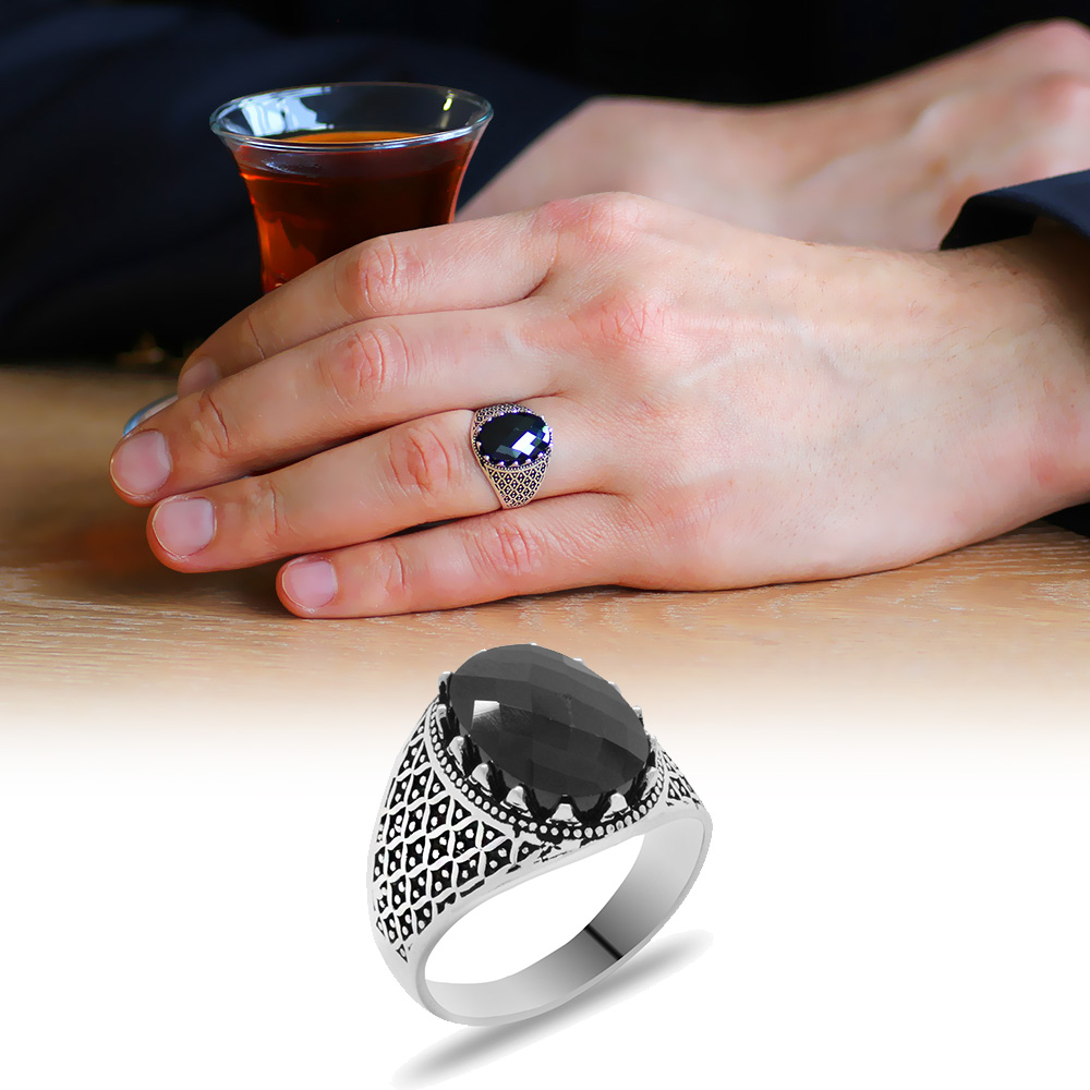 Siyah Zirkon Taşlı Oval Tasarım Nokta Desenli 925 Ayar Gümüş Erkek Yüzük - 1