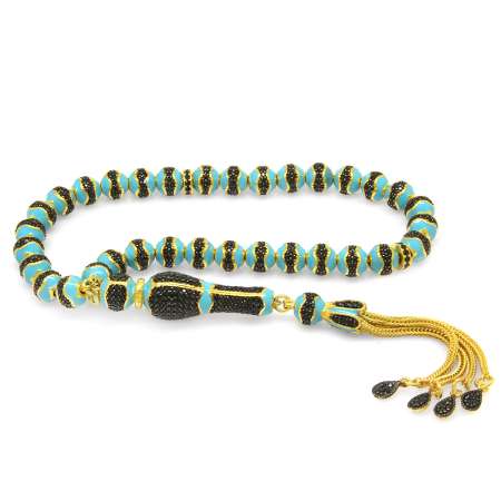 Siyah Zirkon Taşlı Turkuaz Renk Küre Kesim 925 Ayar Gümüş Tesbih - Tesbihane