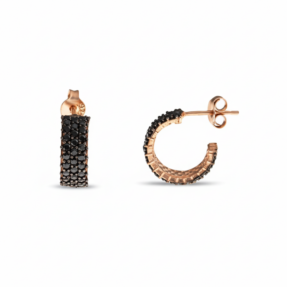 Siyah Zirkon Taşlı Yarım Tur 925 Ayar Gümüş Kadın Küpe - 4