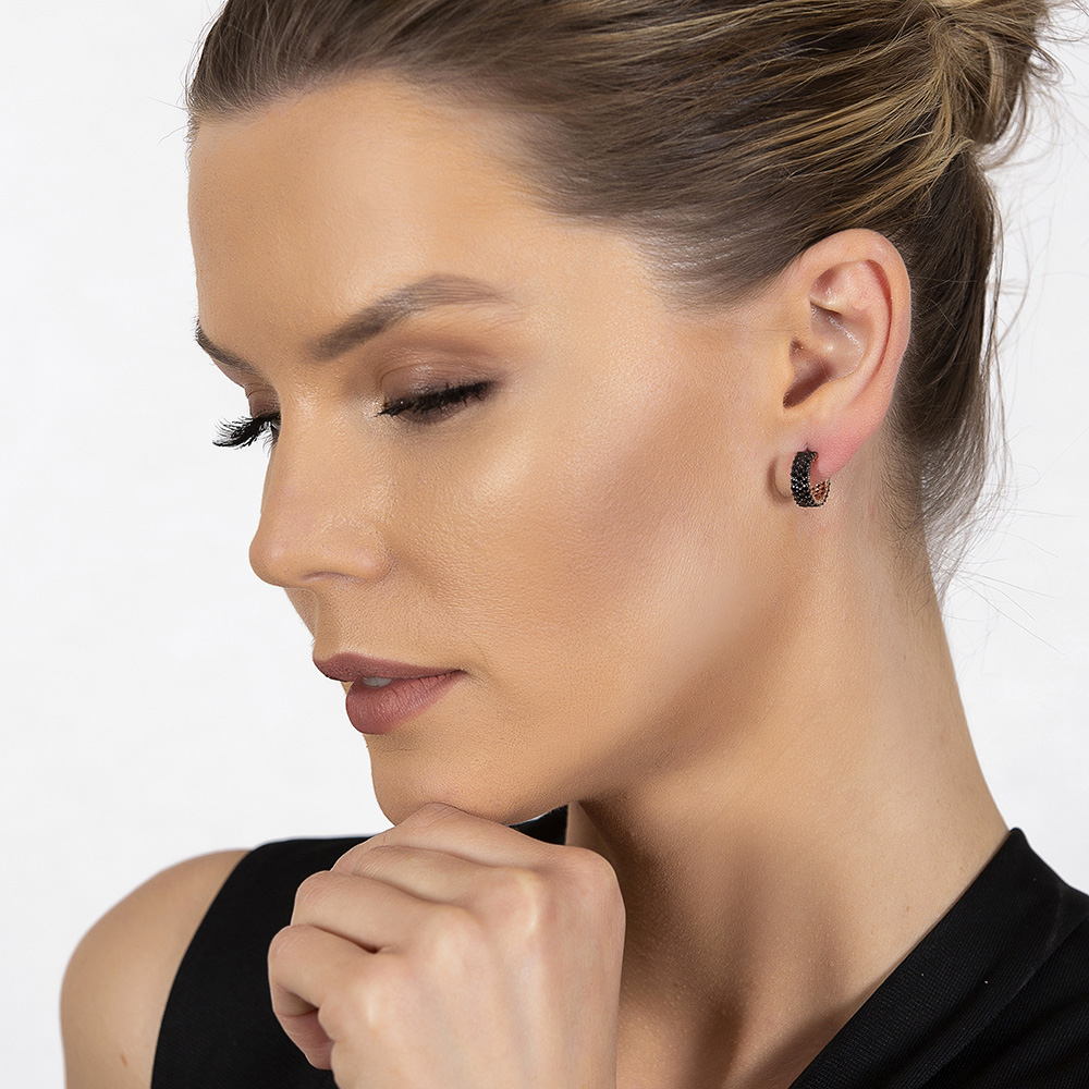 Siyah Zirkon Taşlı Yarım Tur 925 Ayar Gümüş Kadın Küpe - 3