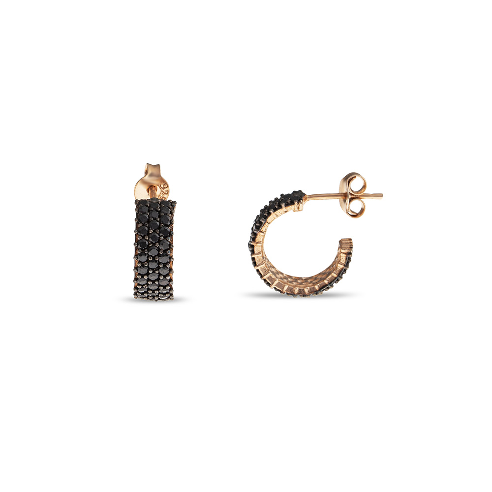 Siyah Zirkon Taşlı Yarım Tur 925 Ayar Gümüş Kadın Küpe - 5