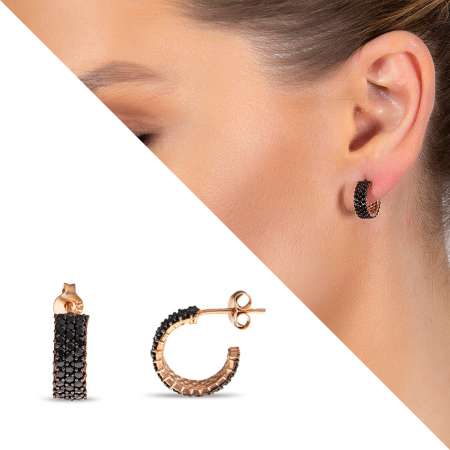 Siyah Zirkon Taşlı Yarım Tur 925 Ayar Gümüş Kadın Küpe - Tesbihane