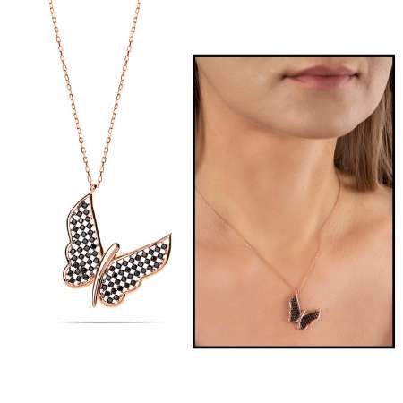 Siyah Zirkon Taşlı Zarif Tasarım Rose Renk 925 Ayar Gümüş Kelebek Kolye - Tesbihane