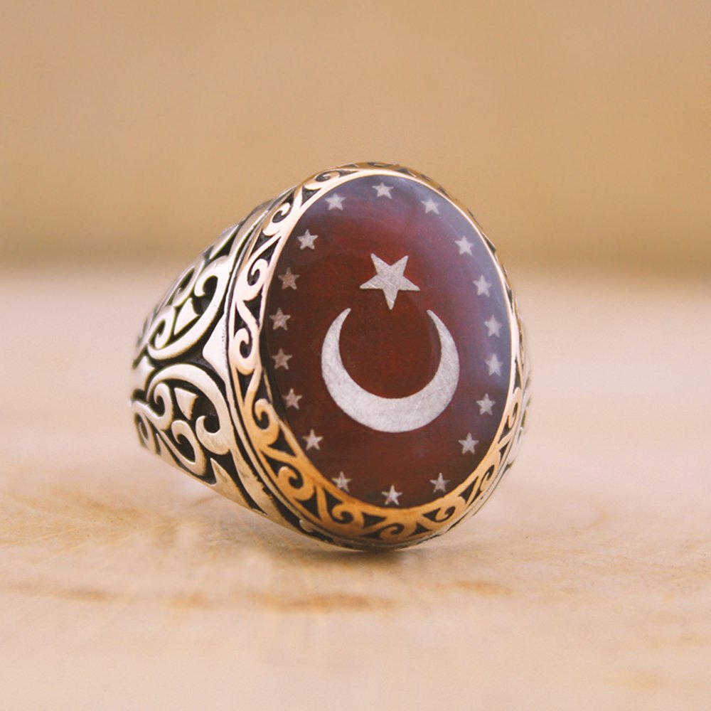 Kişiye Özel İsim ve Resim Motifli Mineli 925 Ayar Gümüş Erkek Yüzük - M7 - 1