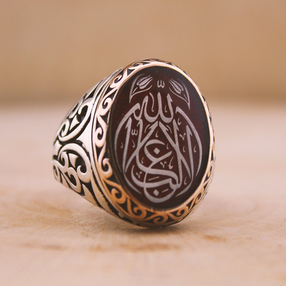 Kişiye Özel Arapça İsim Yazılı Mineli Oval 925 Ayar Gümüş Erkek Yüzük - M1 - 6
