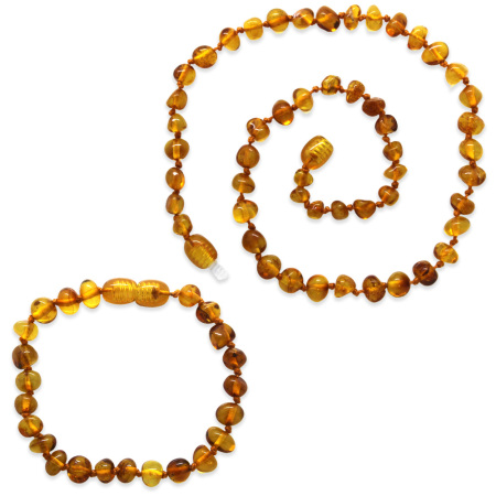 Soft Bal Rengi Doğal Damla Kehribar Taşlı Bebek Diş Kolye Bileklik Seti - Tesbihane