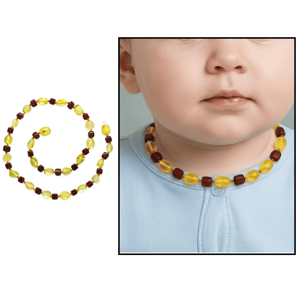 Soft Sarı Koyu Kırmızı Renk Doğal Form Damla Kehribar Taşlı Bebek Diş Kolyesi - 1