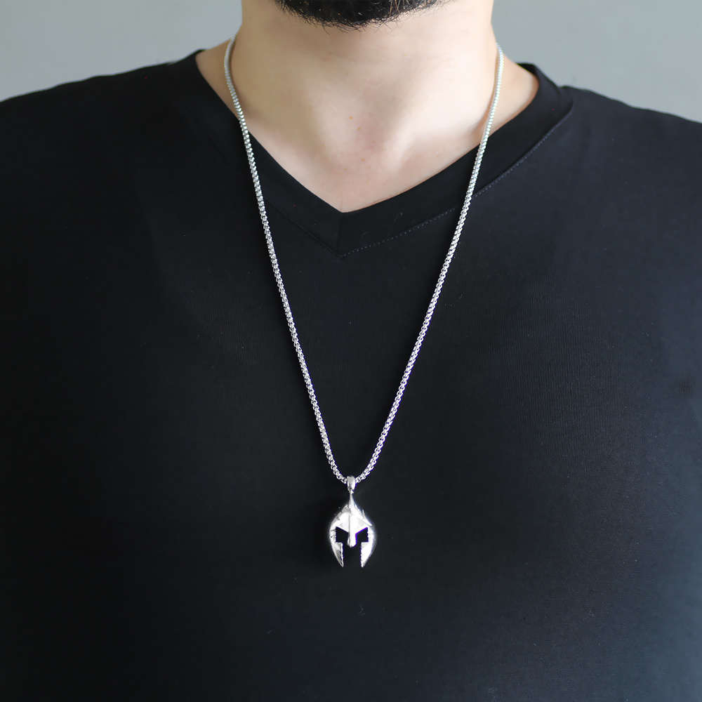 Şövalye Maske Tasarım Gümüş Renk Zincir Pirinç Kolye - 2
