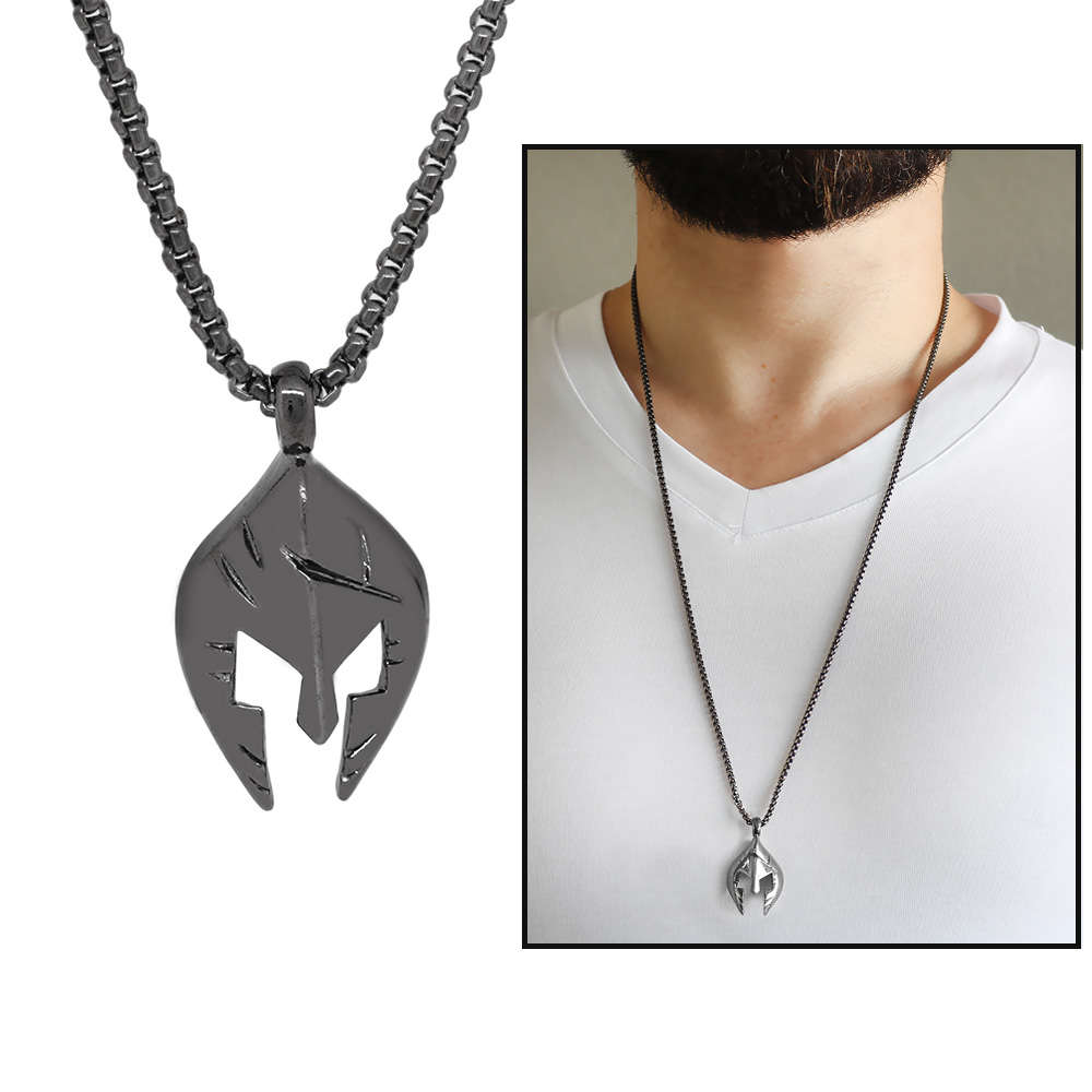 Şövalye Maske Tasarım Siyah Renk Zincir Pirinç Kolye - 1