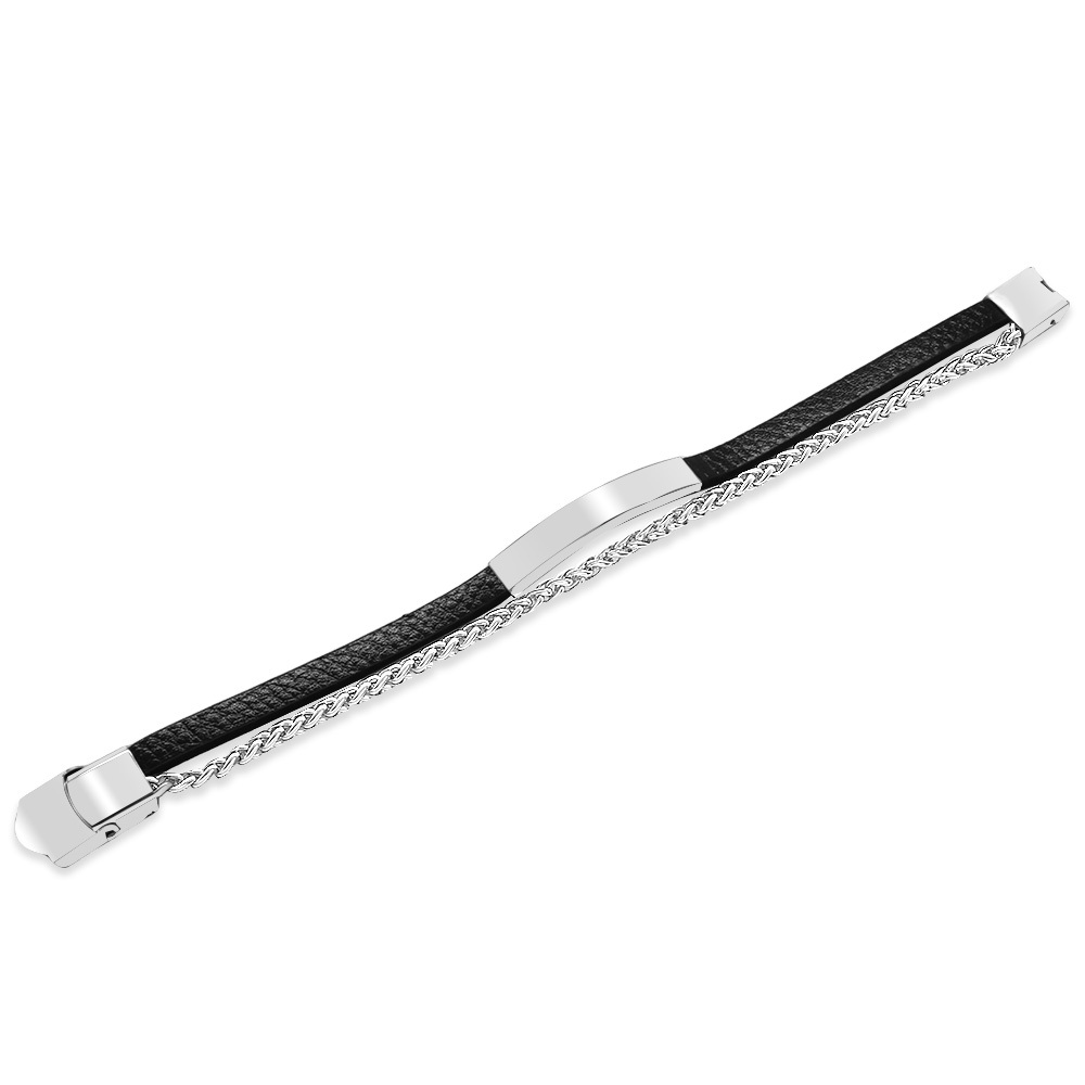 Spiga Çelik Zincir ve Deri Bileşim İsme Özel Yazılı Erkek Bileklik - 7