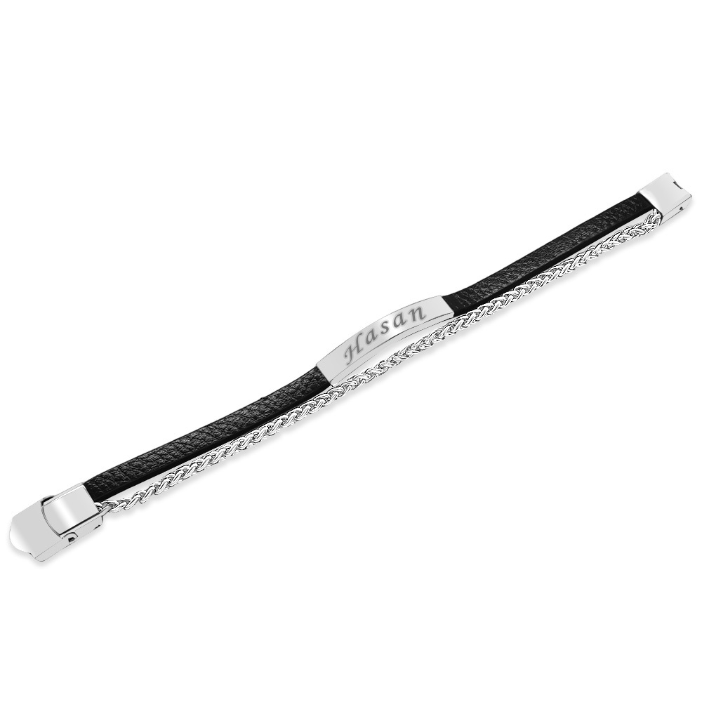 Spiga Çelik Zincir ve Deri Bileşim İsme Özel Yazılı Erkek Bileklik - 5