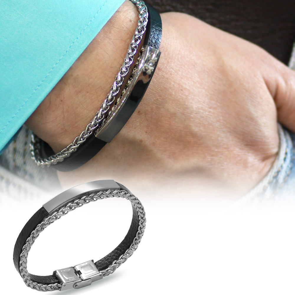 Spiga Çelik Zincir ve Deri Bileşim İsme Özel Yazılı Erkek Bileklik - 1